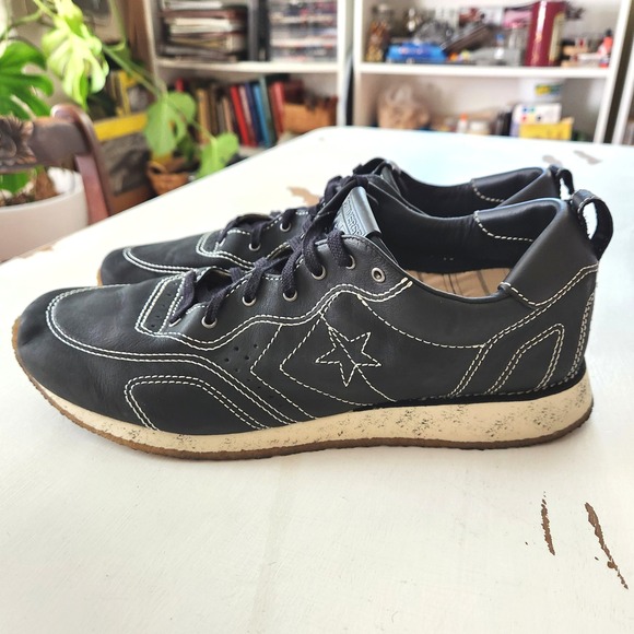 Converse x John Varvatos Black Leather Sneakers White Stitching Mens Size 10.5 - Picture 3 of 9